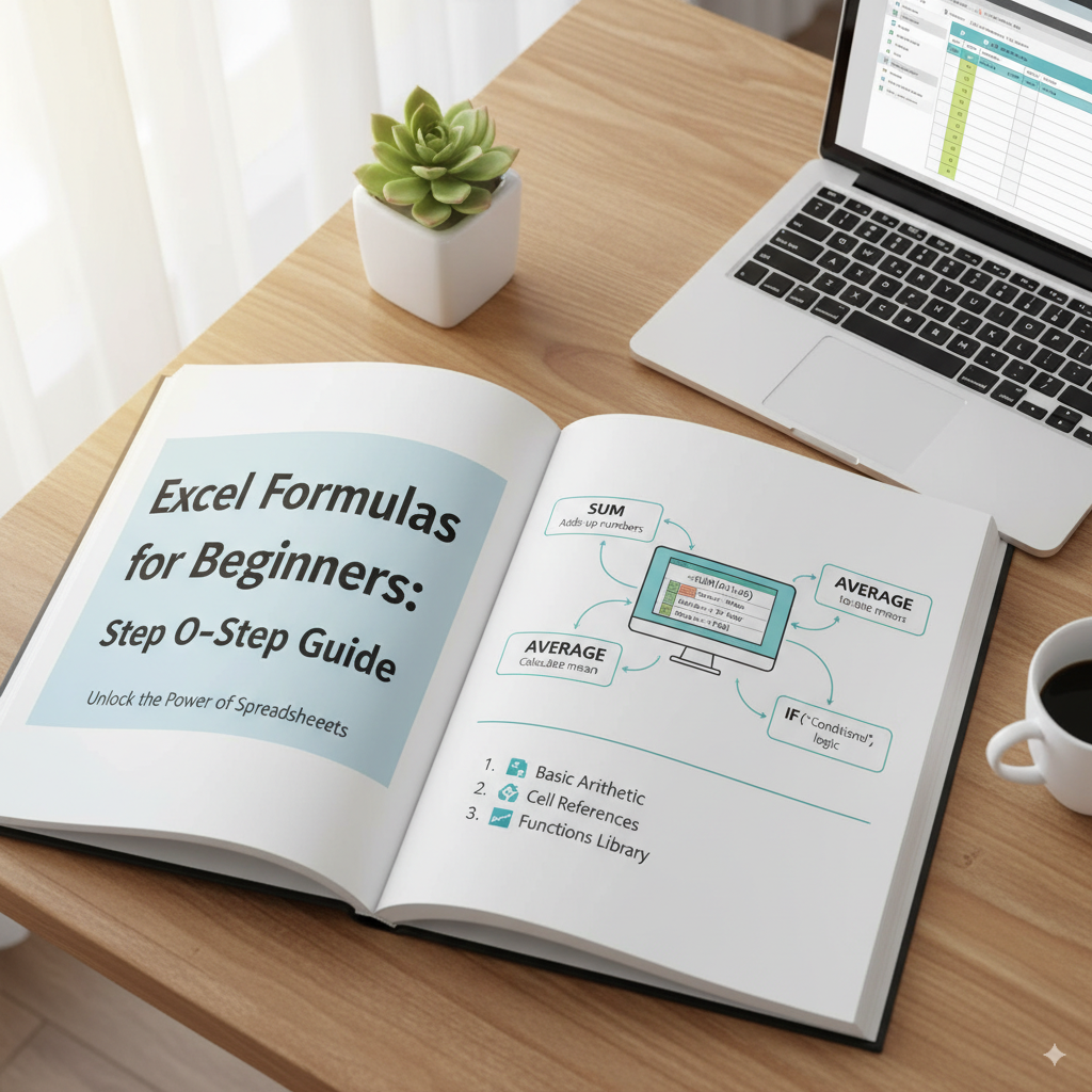 Beginner Excel formulas guide book on a desk with laptop, coffee, and plant – showing SUM, AVERAGE, and IF function examples for learning Excel step by step.